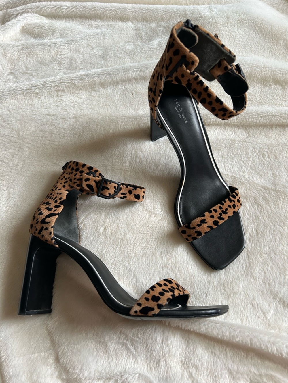 Rag & Bone Ellis tan cheetah ankle strap square toe high heels 39.5
